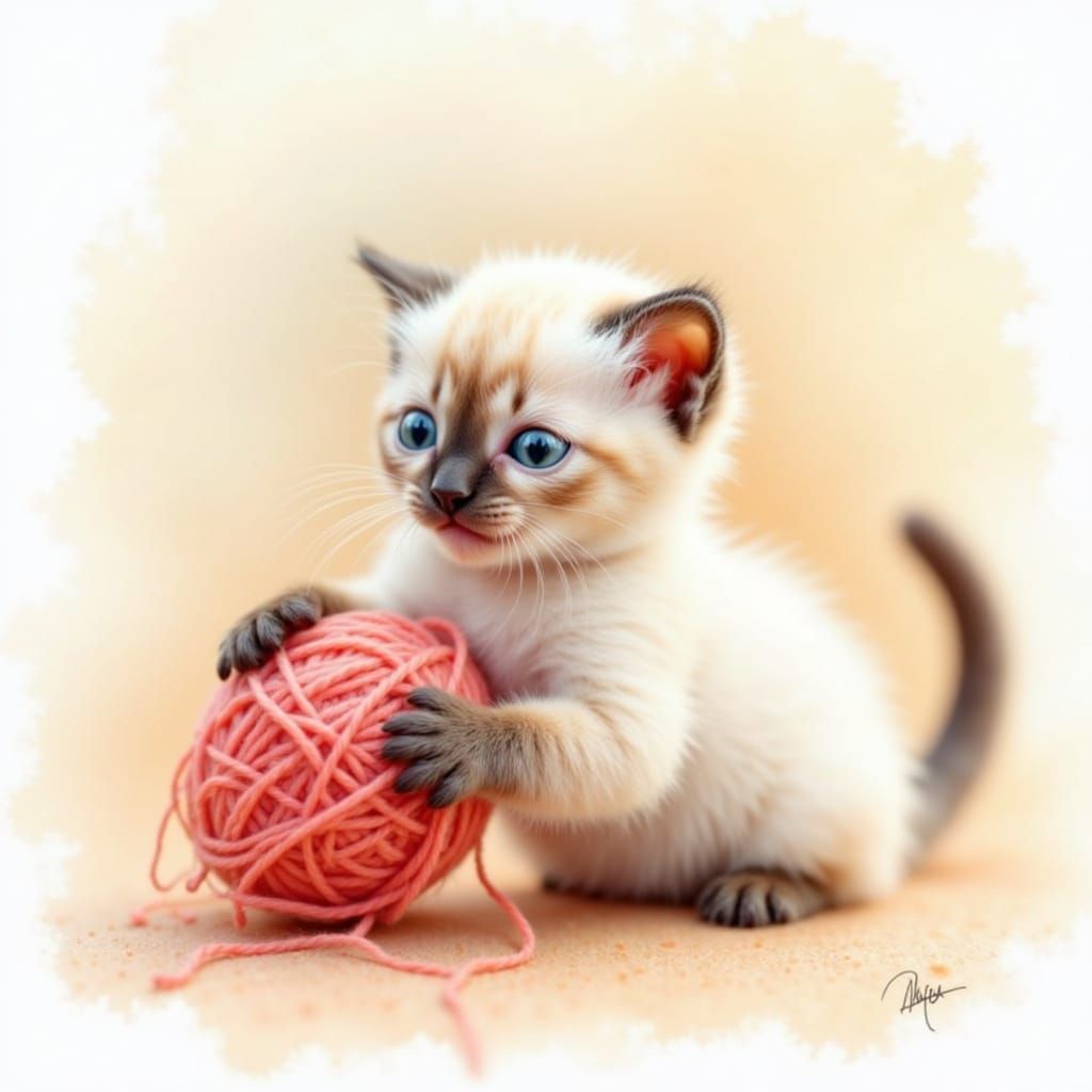 Siamese Cat Plays with Yarn in Watercolor Style