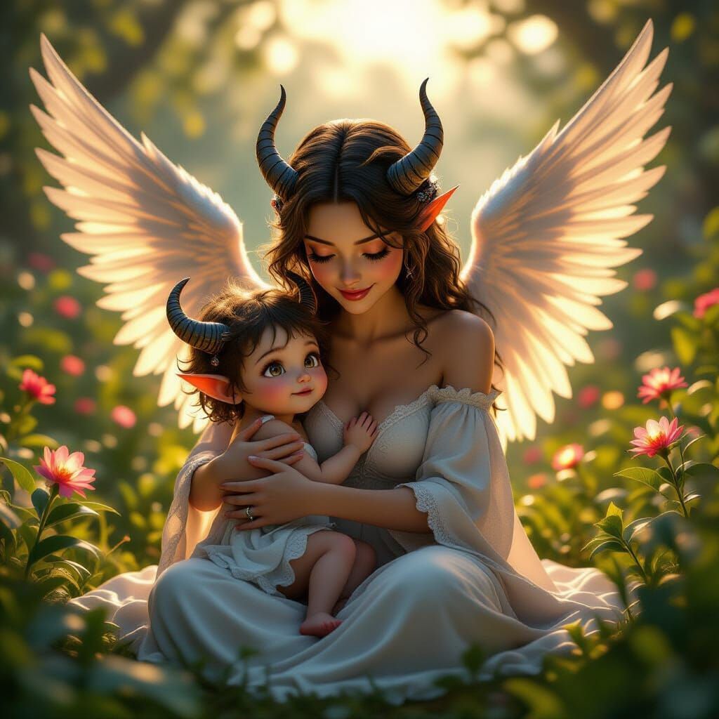 Angelic Mother Embraces Cute Monster Child in Magical Garden