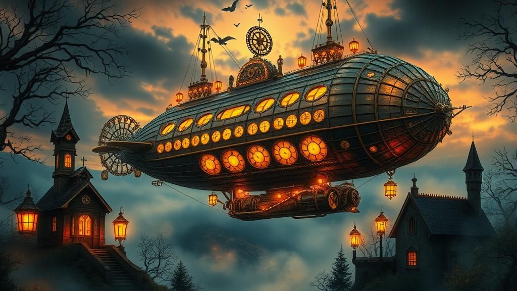 Steampunk Airship in a Twilight Nursery Rhyme Landscape