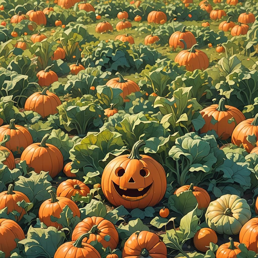 Smiling Pumpkin in Vegetable Field: Anime Concept Art