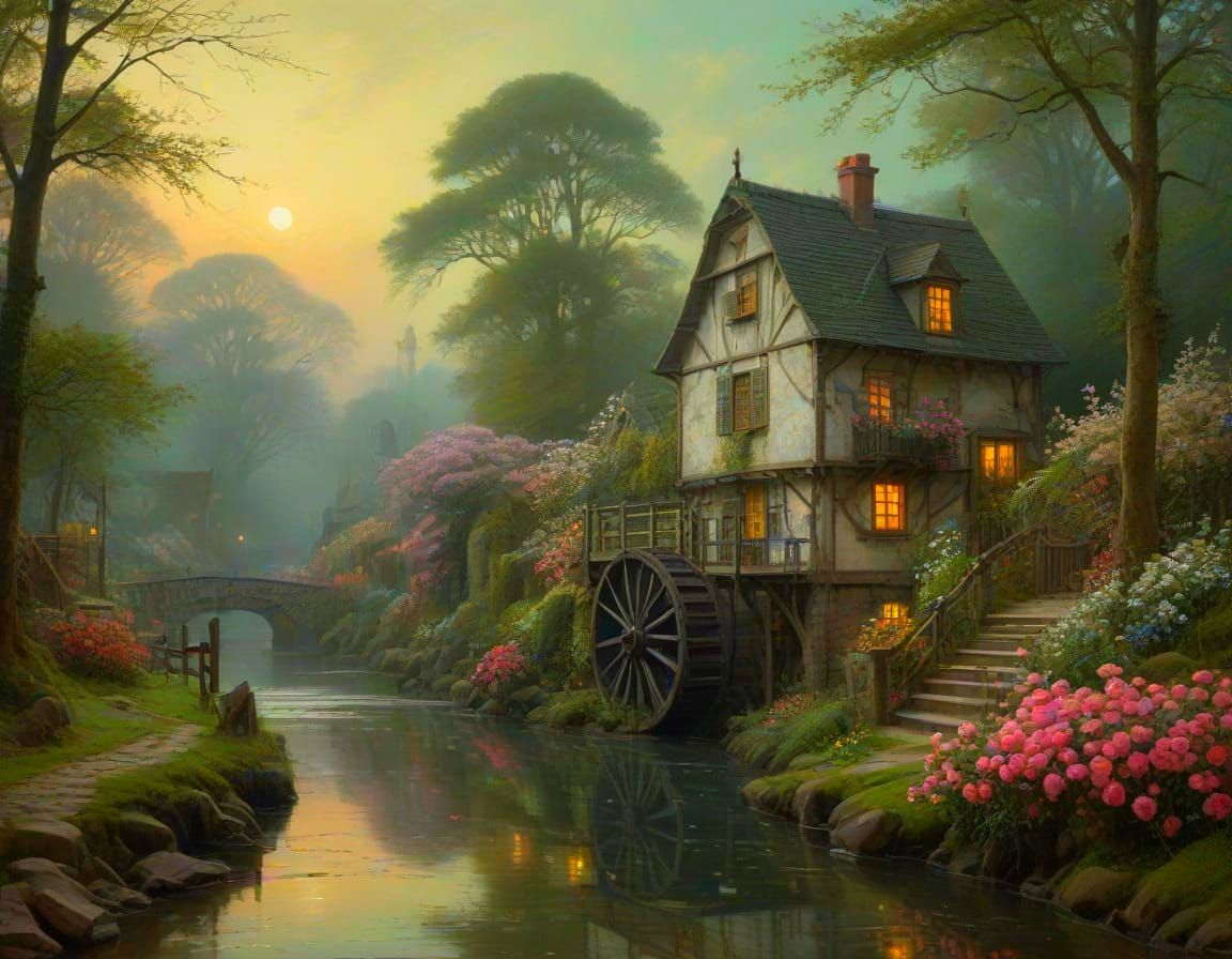 Romantic Dutch Watermill in Dawn Light