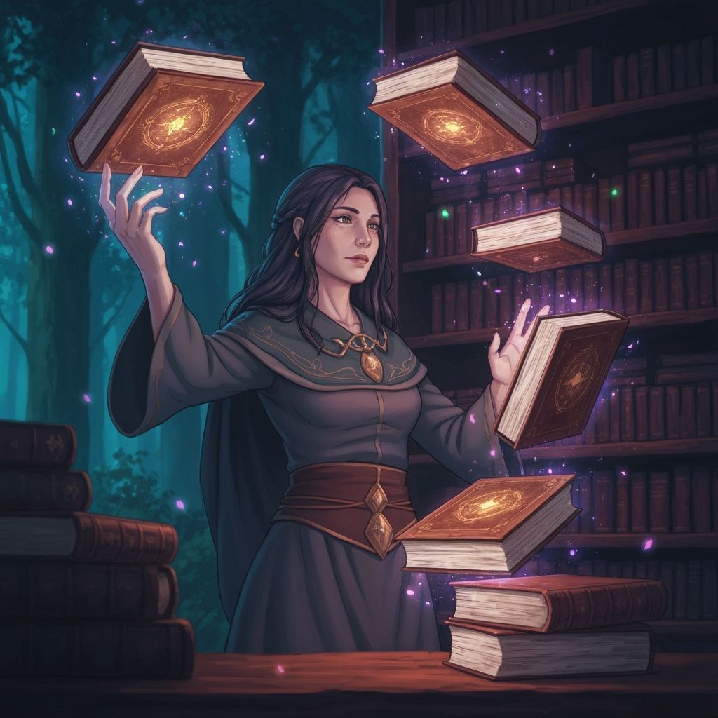 Wise Sorceress Arranges Magical Books in Forest Library