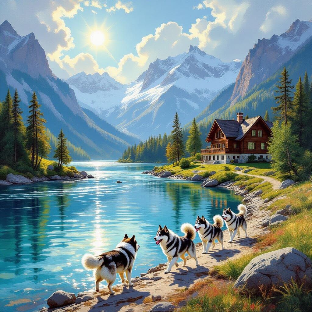 Majestic Mountain Landscape with Huskies and Forest Home