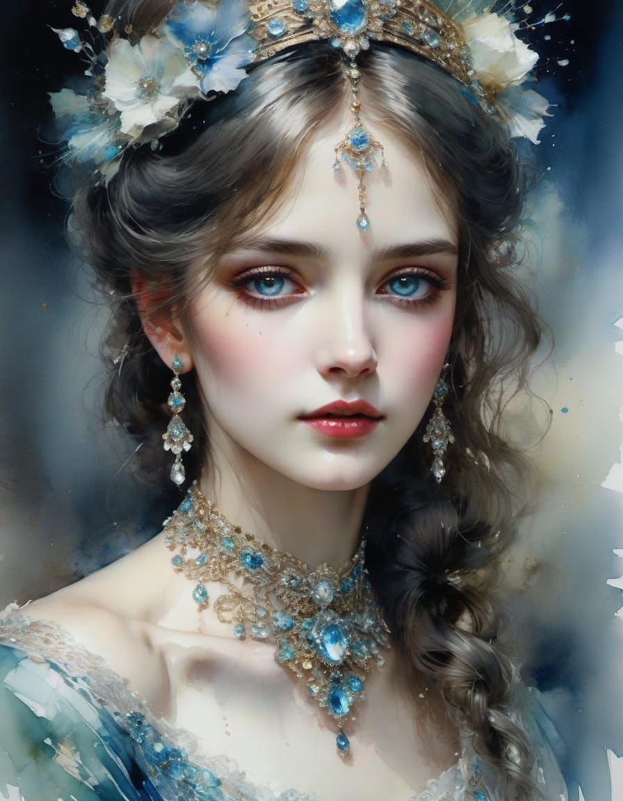 Bejeweled Victorian Lady Portrait in Watercolor Style