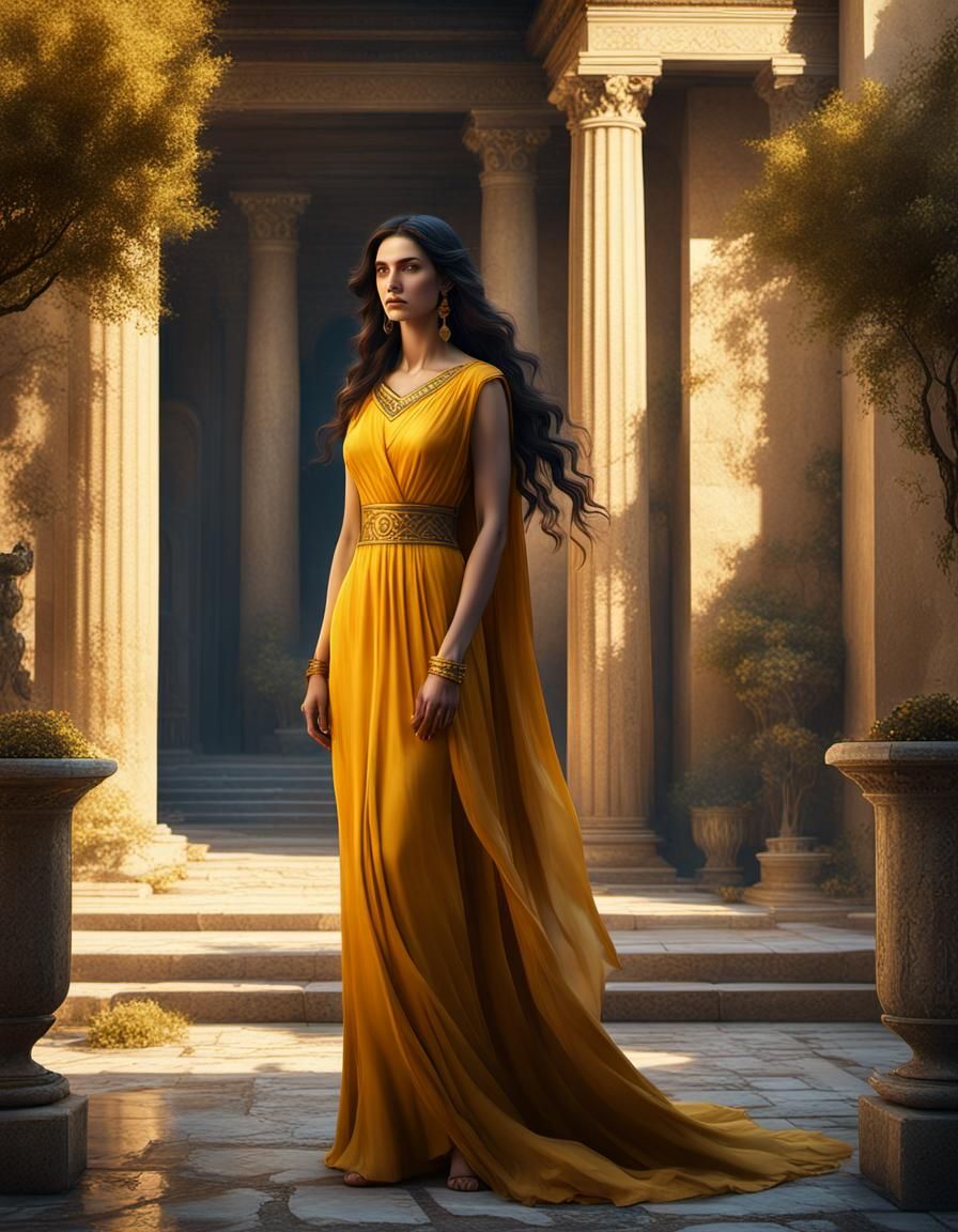 Beautiful Woman in Ancient Greek Courtyard