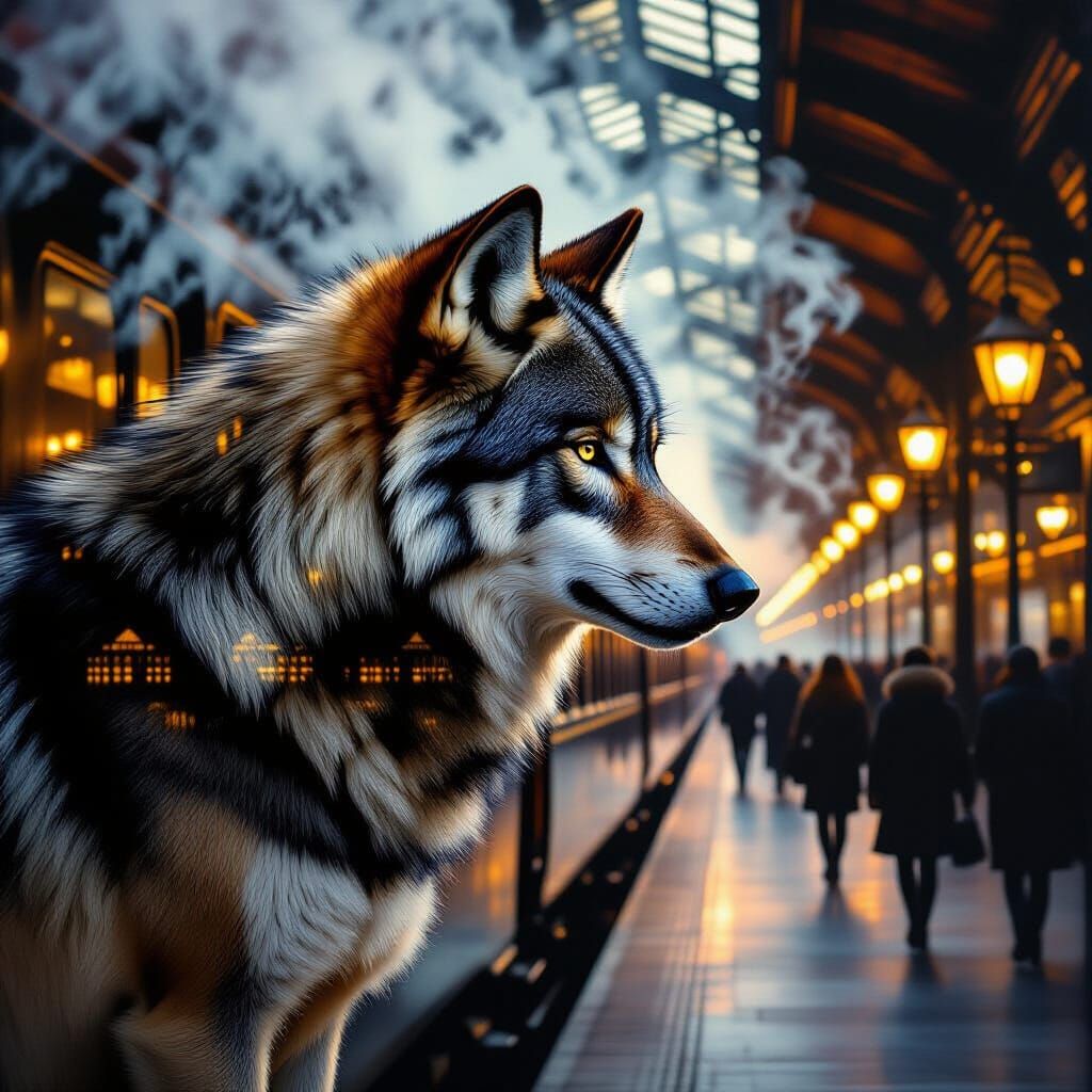 Wolf Silhouette Over Train Station at Dusk Oil Painting