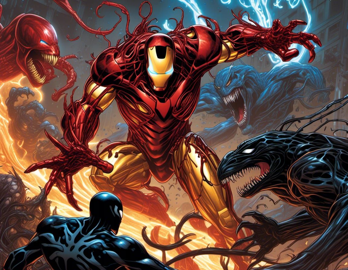 Iron Man vs Symbiotes in Hyperreal Comic Art