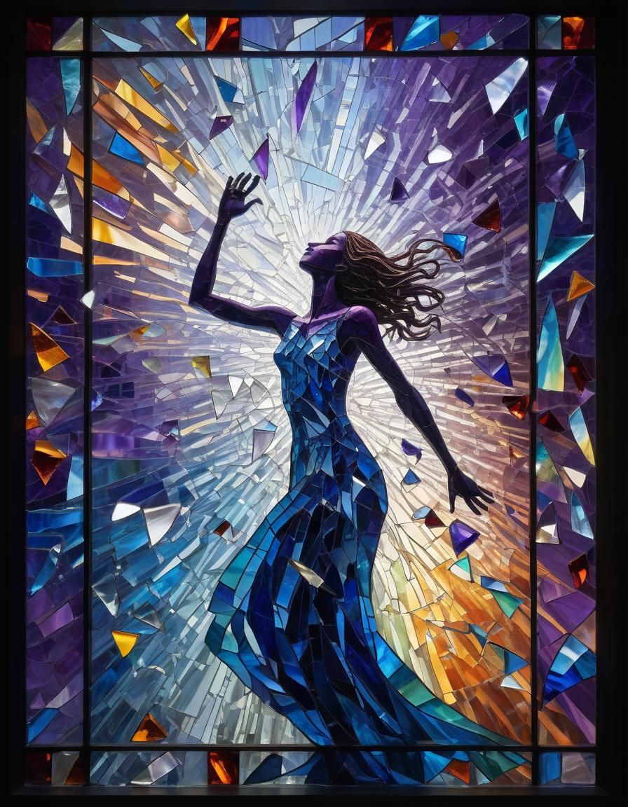 Shattered Stained Glass Figure in Falling Light