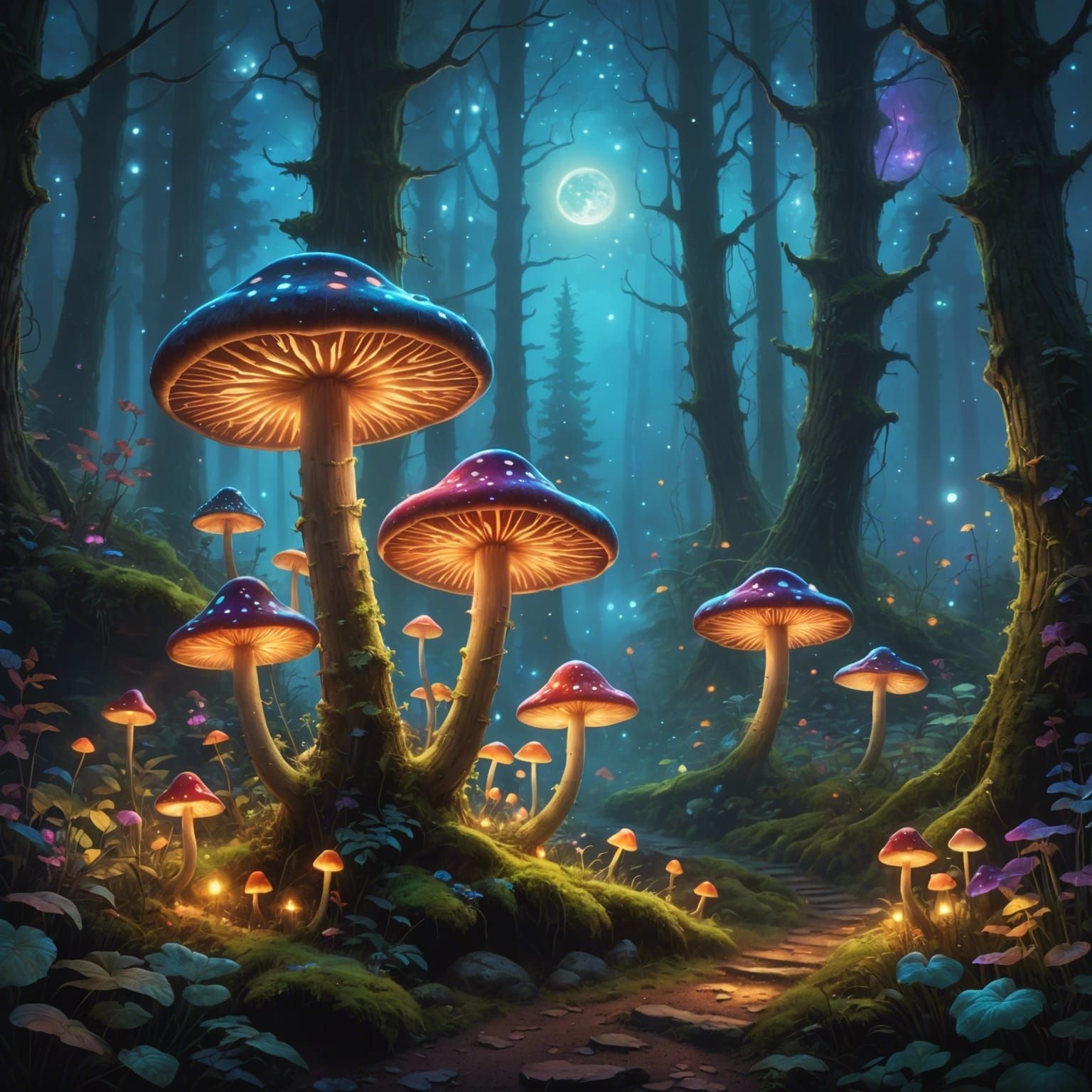 Neon Mushrooms in Mystical Forest at Night