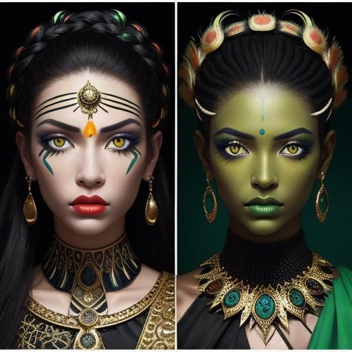 Striking Split-Screen Portrait with Gold Skin and Peacock Fe...