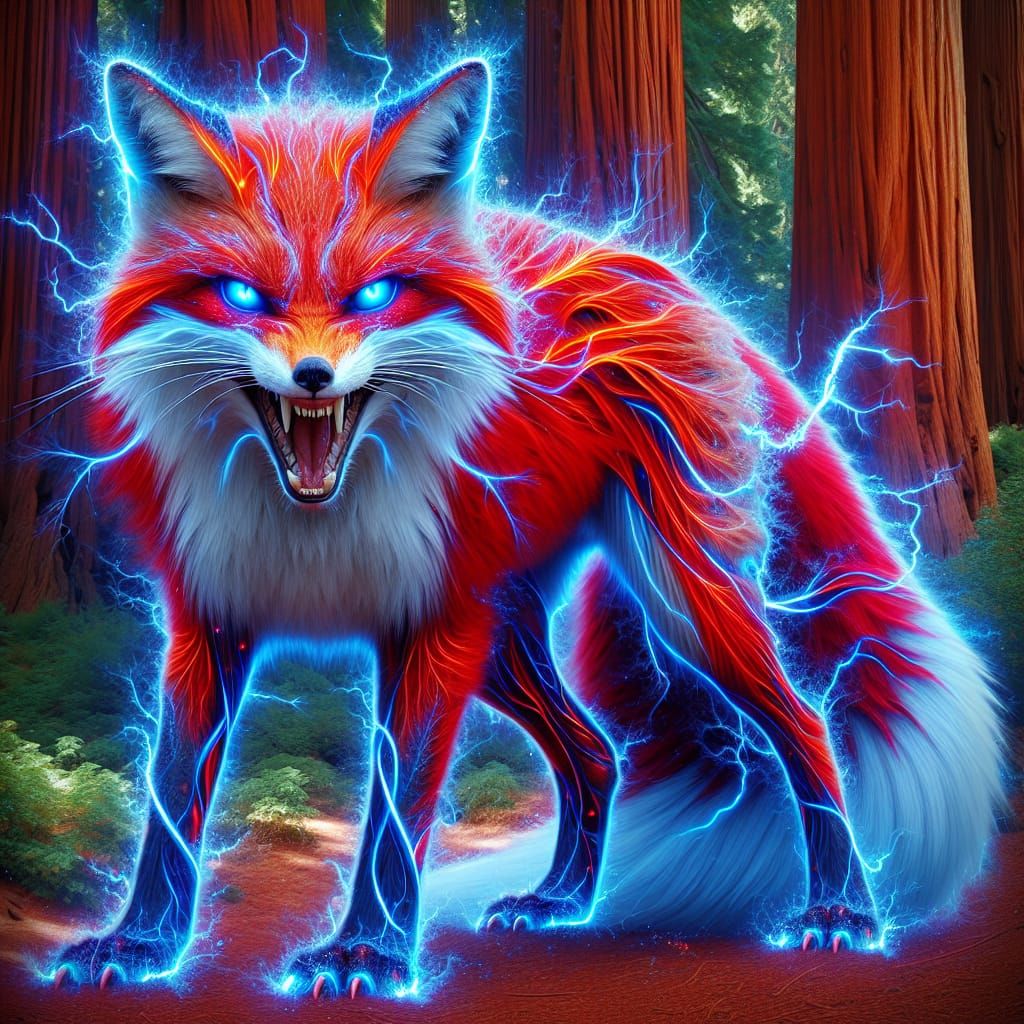 Mystical Electric Red Fox Empowered in Majestic Redwood Fore...