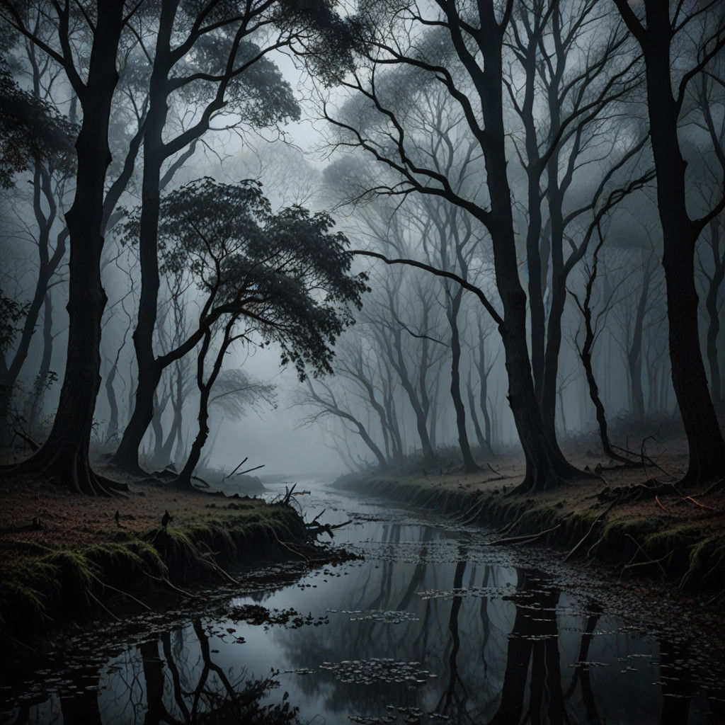 Mysterious Night Fog Envelops a Serene Forest River in Hyper...