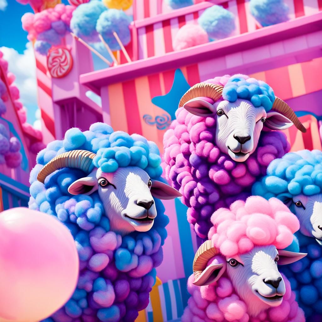 Cotton Candy Sheep at Fair, Whimsical Oil Painting