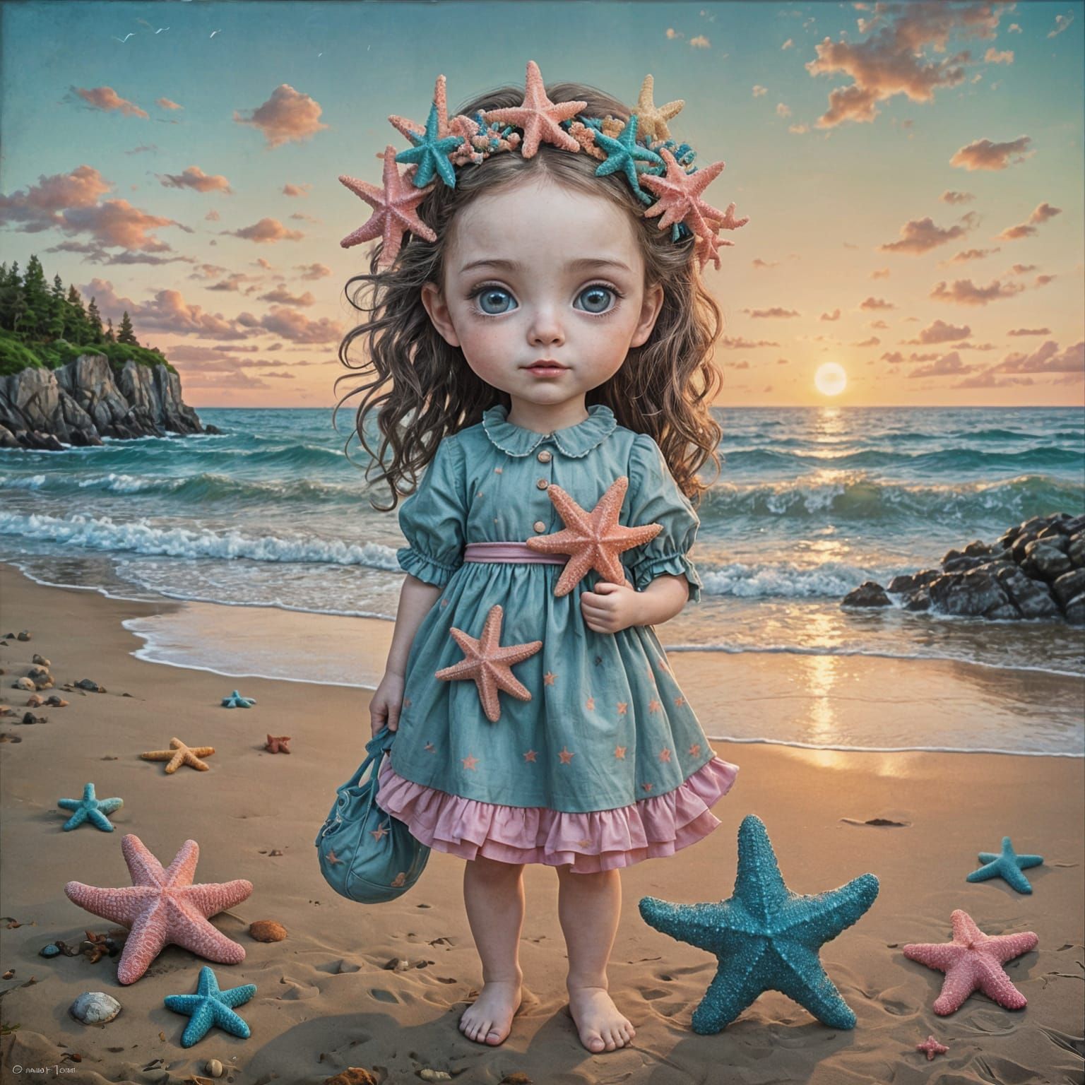 Girl with Starfish on Beach in Abstract Style