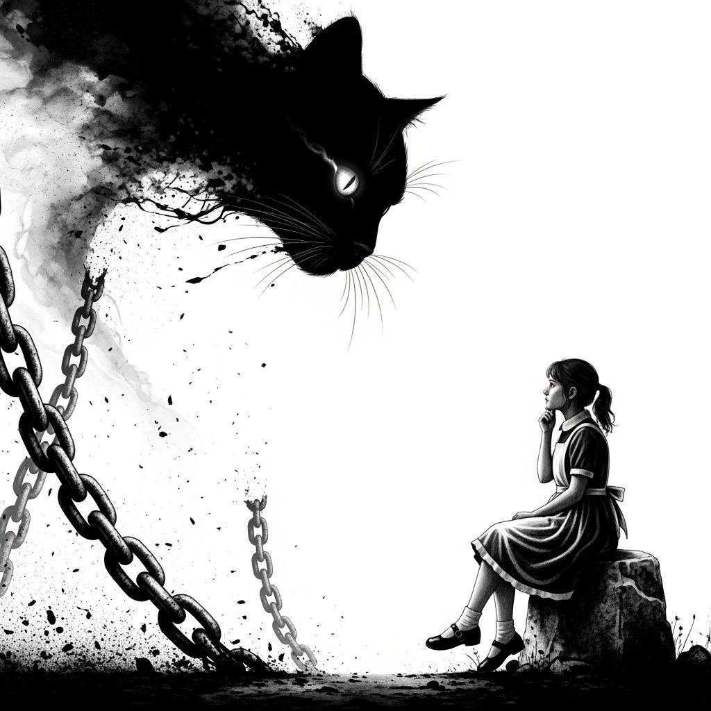 Ink Wash Illustration: Girl and Shadow Cat