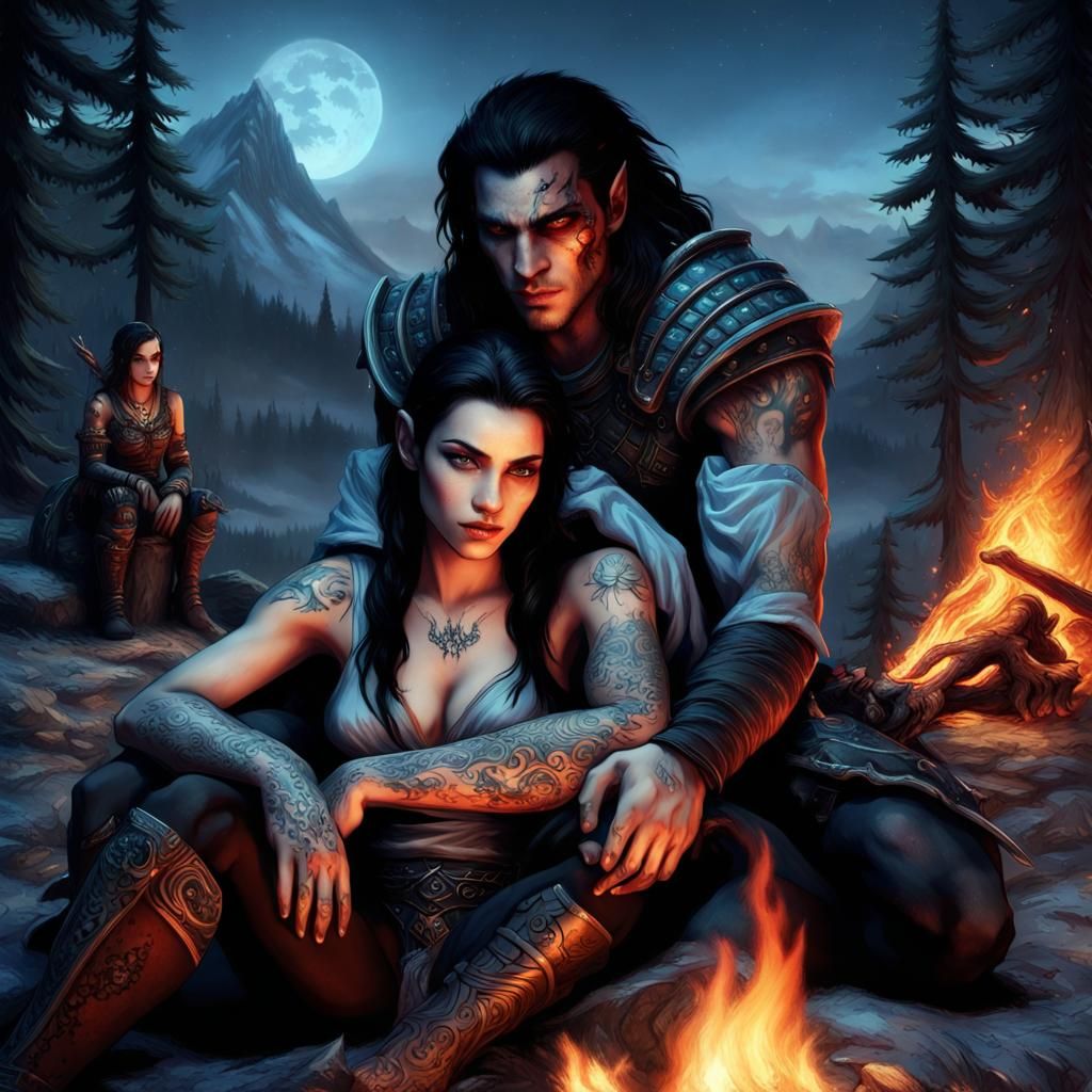 Skyrim Warriors Around Campfire Under the Stars