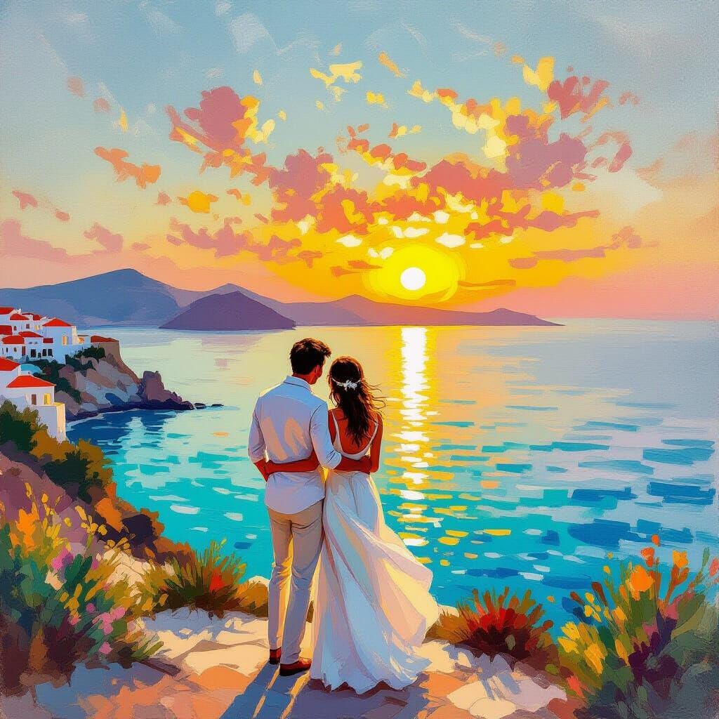 Romantic Couple Embracing at Sunset, Impressionistic Style