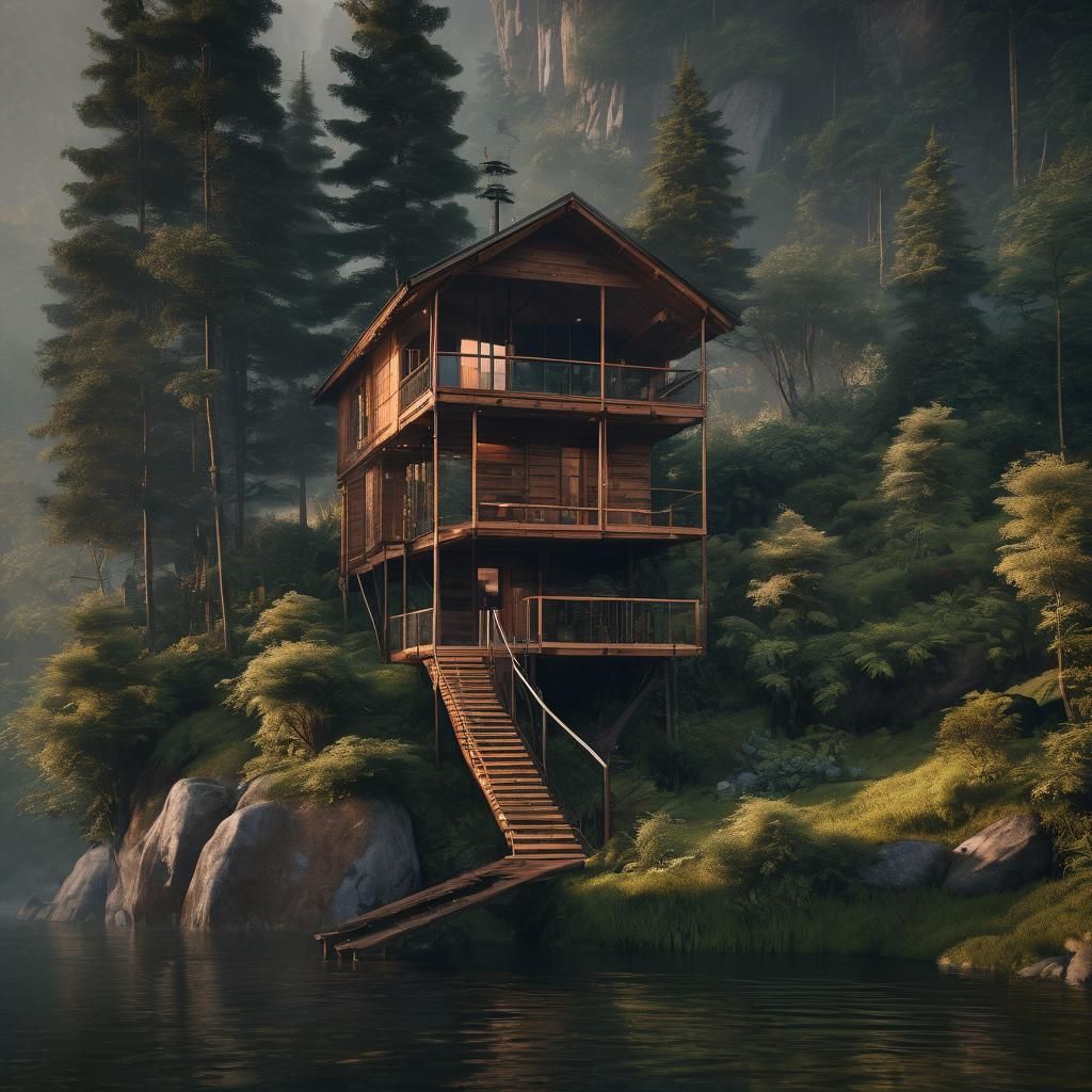 Minimalist Cabin Floating Above Misty Mountain