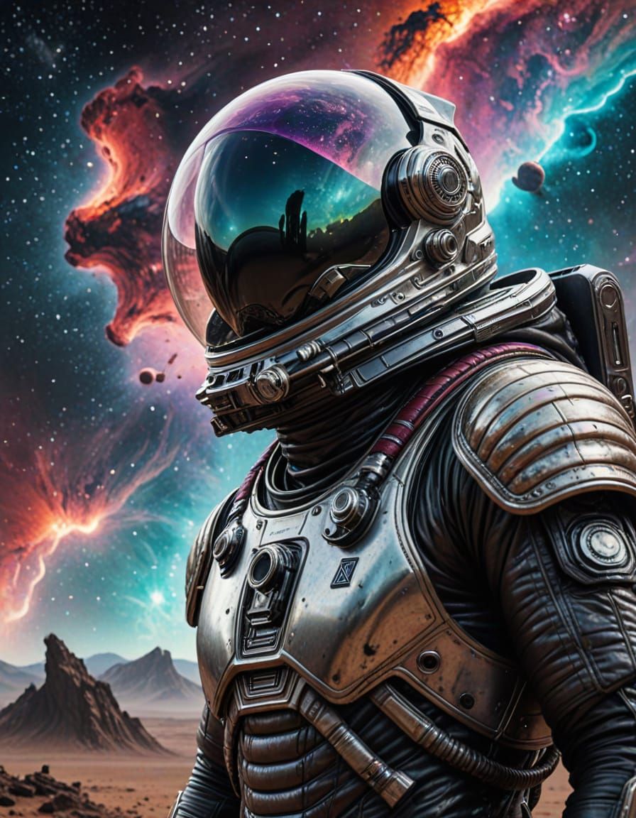 Astronaut Gazes at Nebula on Alien Planet