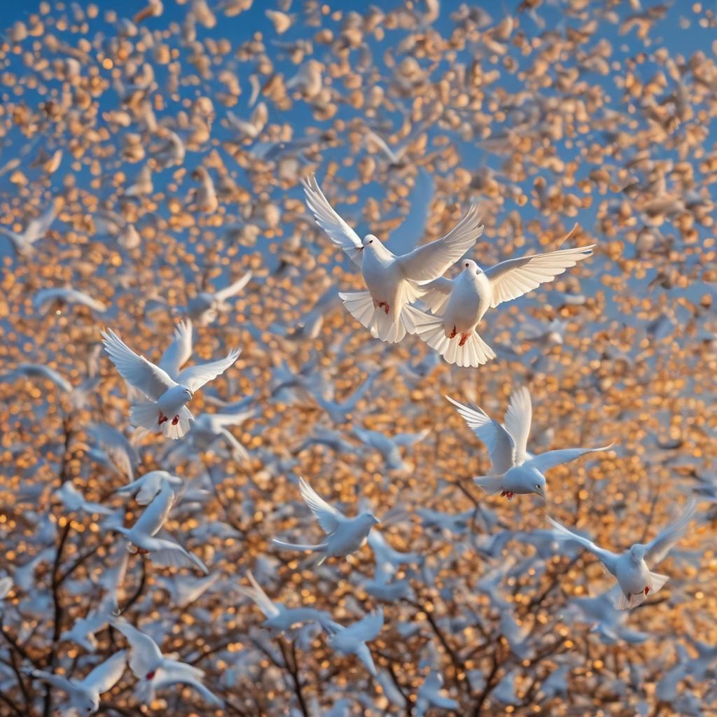 dans le ciel bleu de blanches  colombes