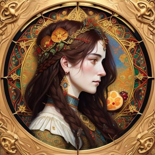 Persephone Portrait in Klimt-Inspired Art Nouveau Frame