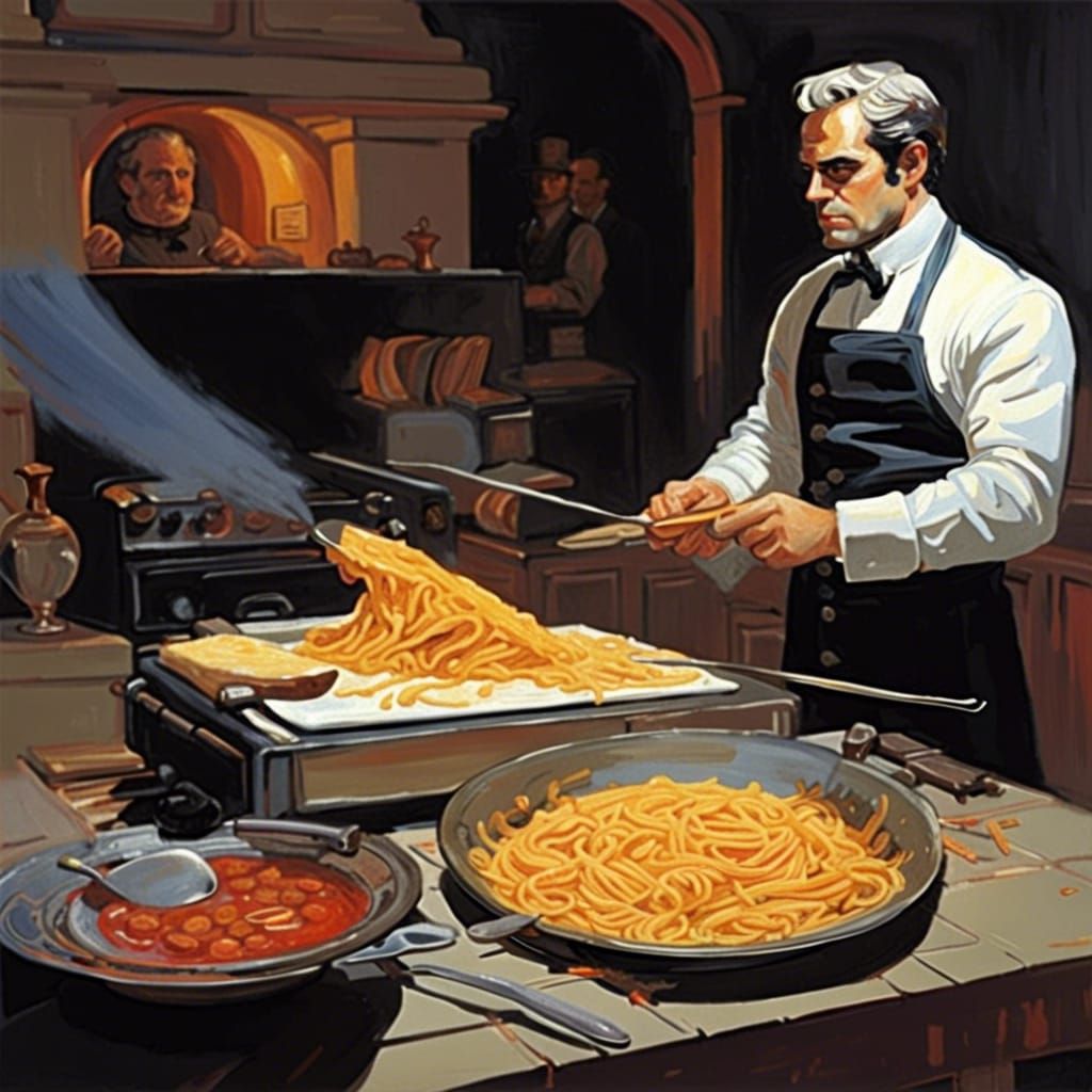 Surreal Hybrid Cooking Pasta: Impasto Painting