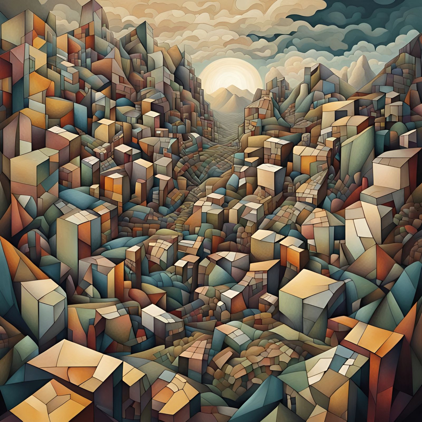 Vibrant Cubist Landscape with Cell-Shaded Textures