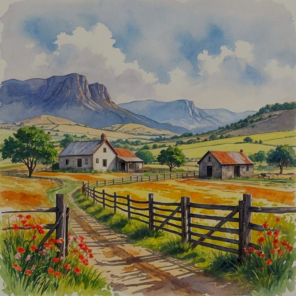 South African Farmstead in Watercolor Style
