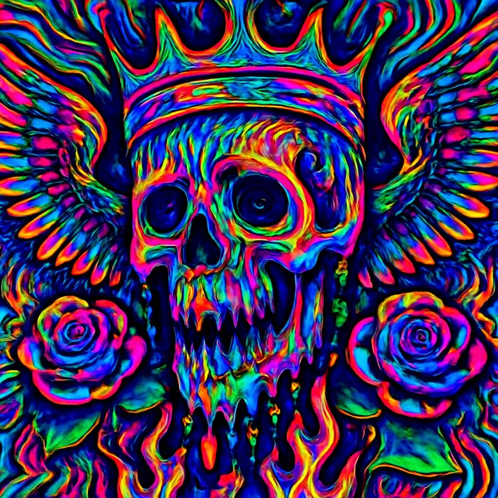 Psychedelic Melting Skull with Crown and Roses