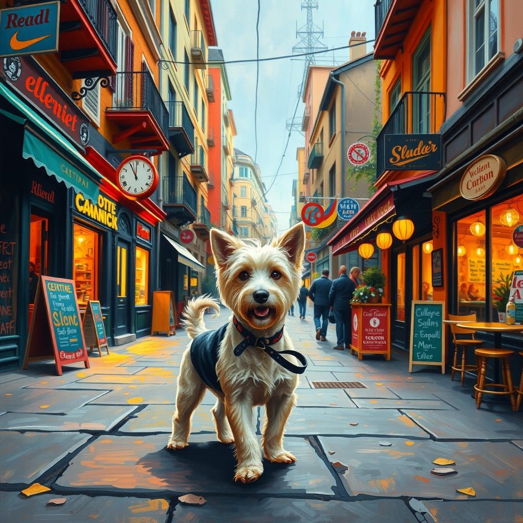 Dog's Colorful Street Adventure in Expressionist Style