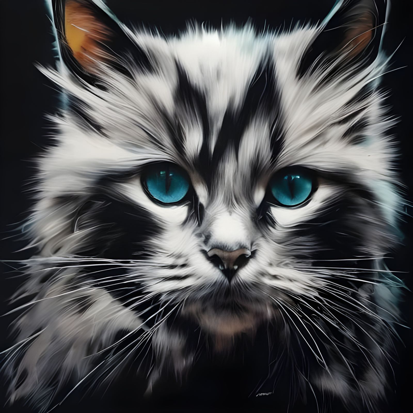 Fluffy Black Cat Portrait in Inkblot Art Style