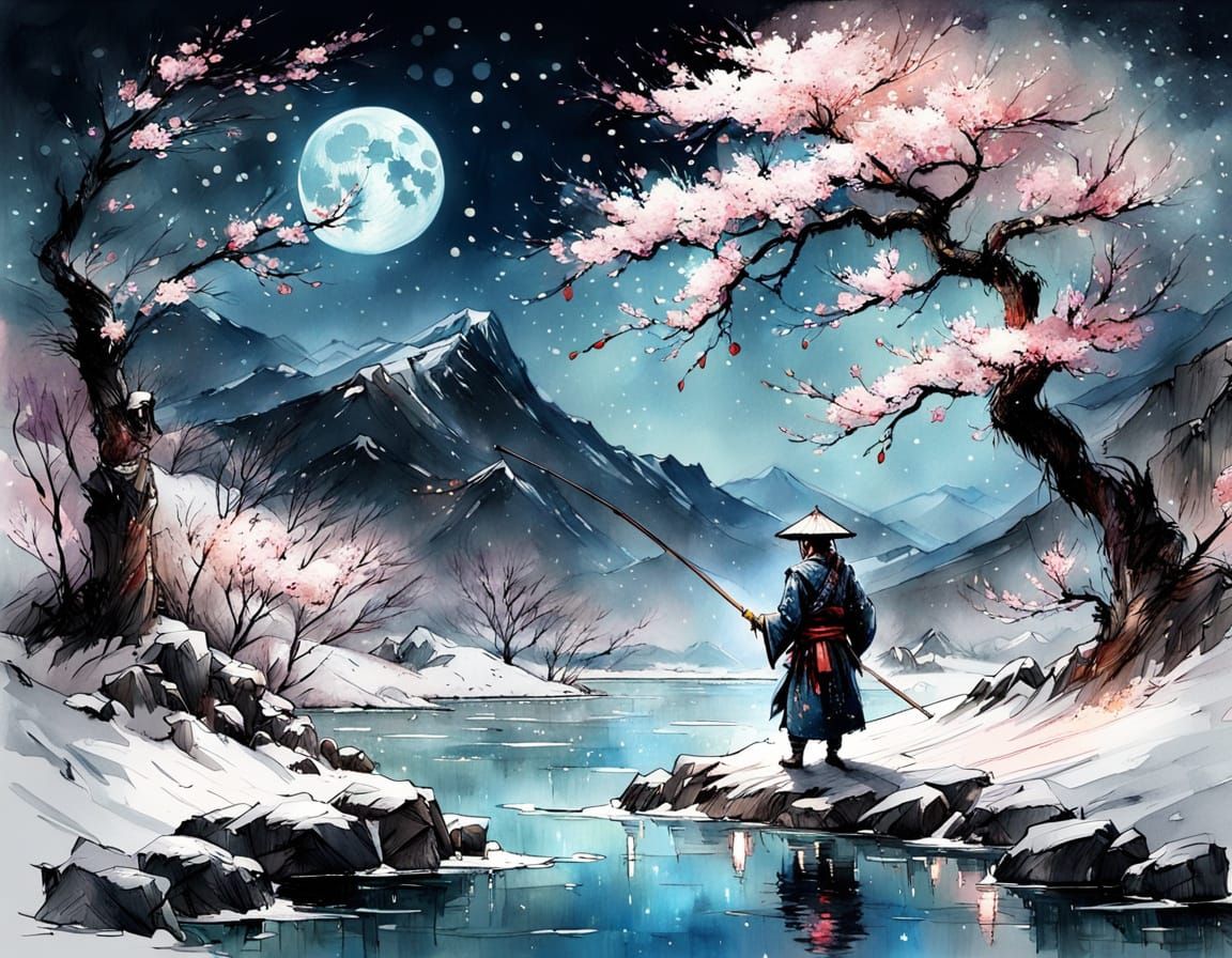 Samurai by Moonlit River under Cherry Blossom Tree in Snowy ...