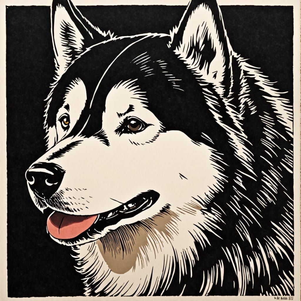 Alaskan Malamute Portrait in Woodcut Anime Style
