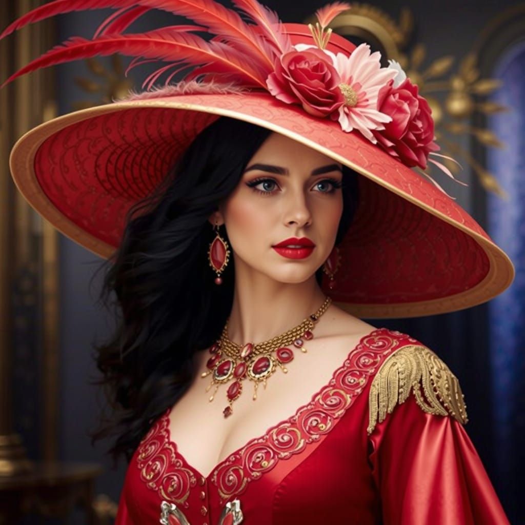 Elegant Woman in 18th-Century Red Gown with Lavish Hat