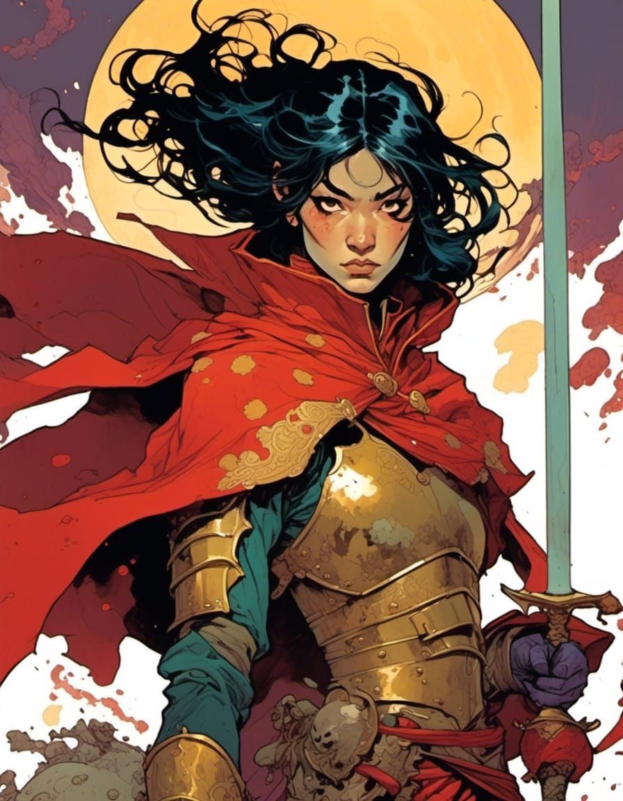 Dark Fantasy Portrait of Armored Woman in Comic Style