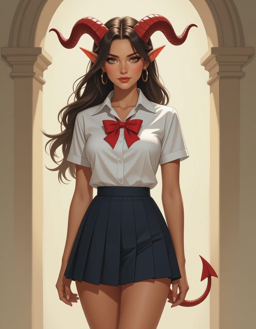 Tiefling Schoolgirl in Soft Light, Digital Painting Style