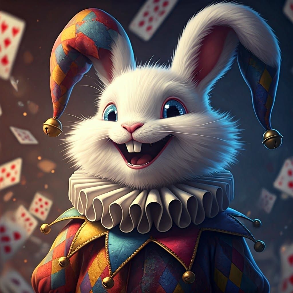 Whimsical White Jester Bunny in Vibrant Jester Suit and Hat