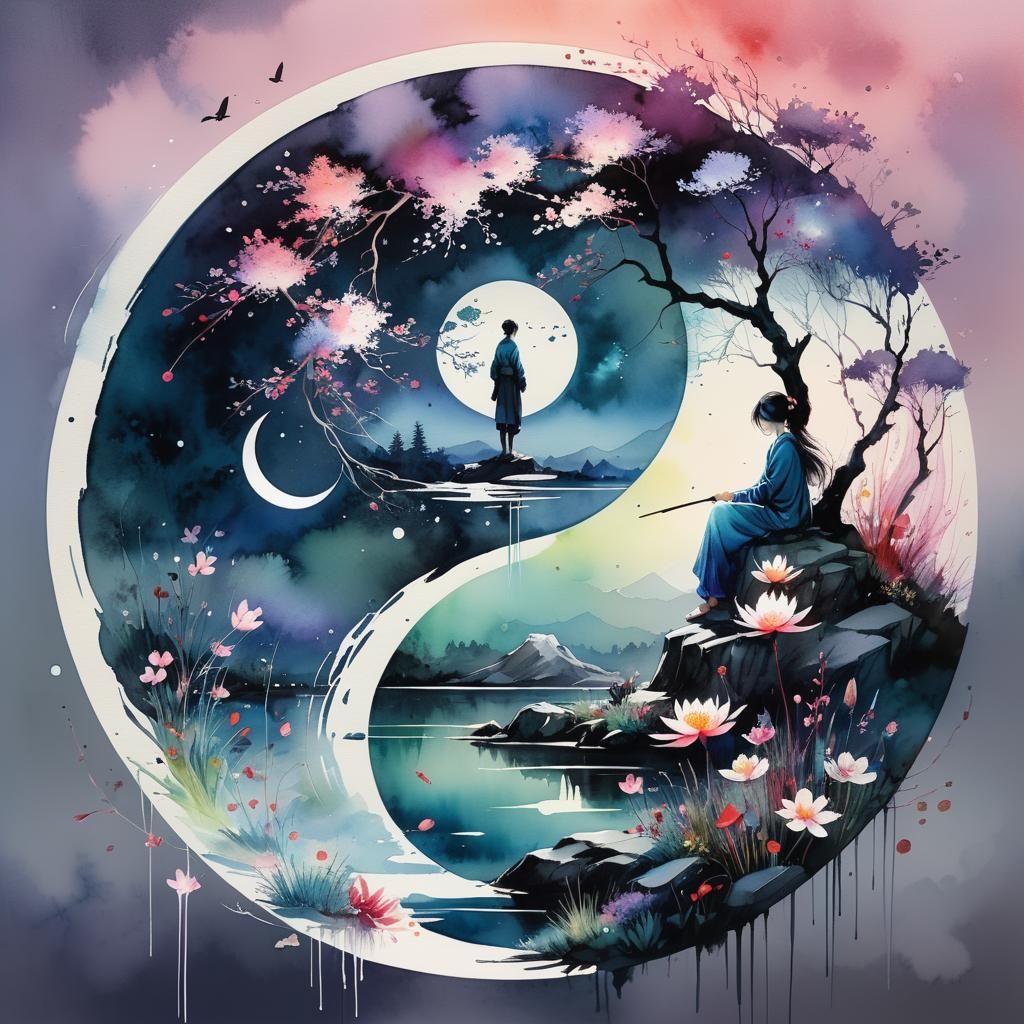 Surreal Nighttime Lake Scene in Vibrant Watercolor Style