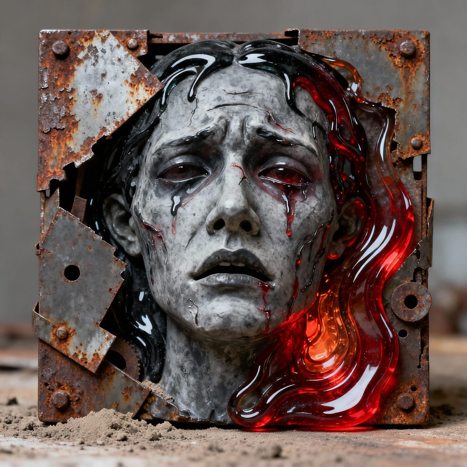 Distressed Face Sculpture of Rusted Metal and Molten Glass