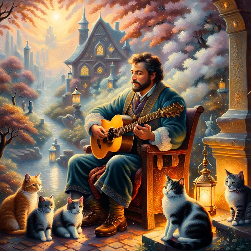 Bard and Cats in Golden Light, Kinkade Style