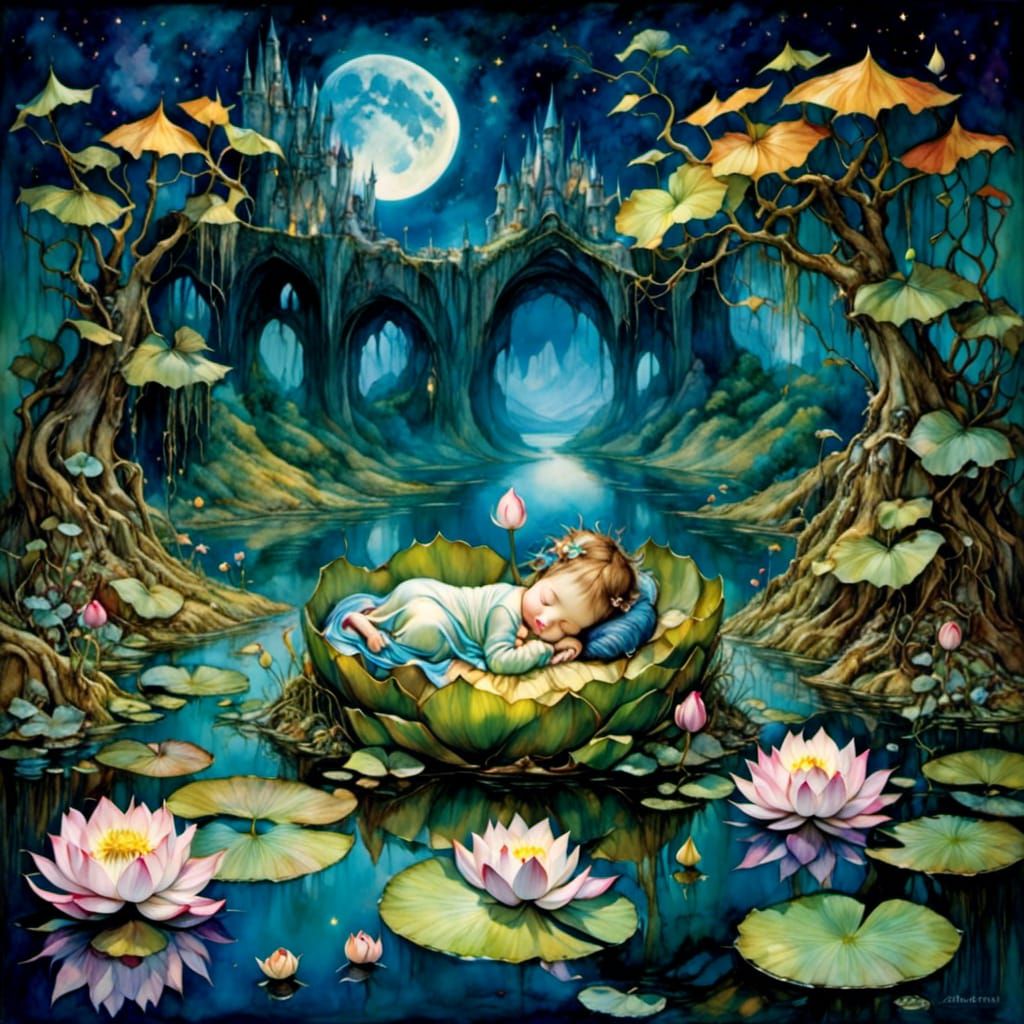 Baby Sleeping in Lotus Blossom Fantasy Art