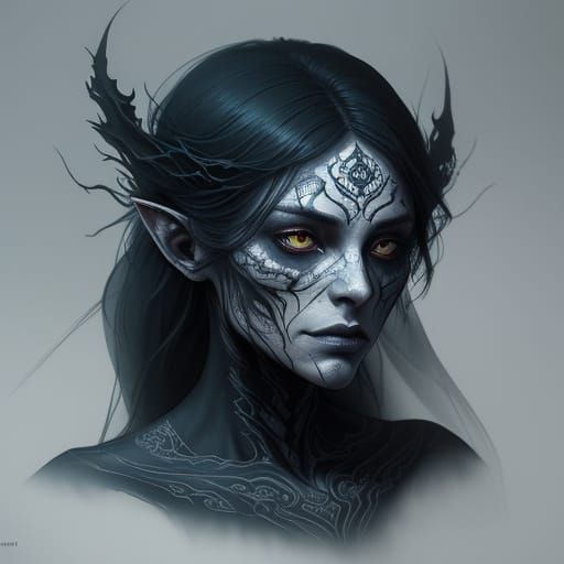 Eerie Banshee Portrait with Swirling Tattoos
