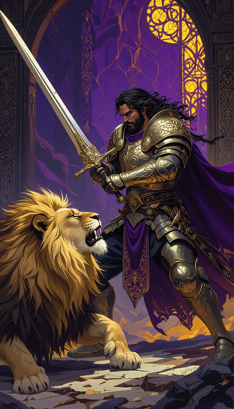 David Battles Lion in Dark Fantasy Style