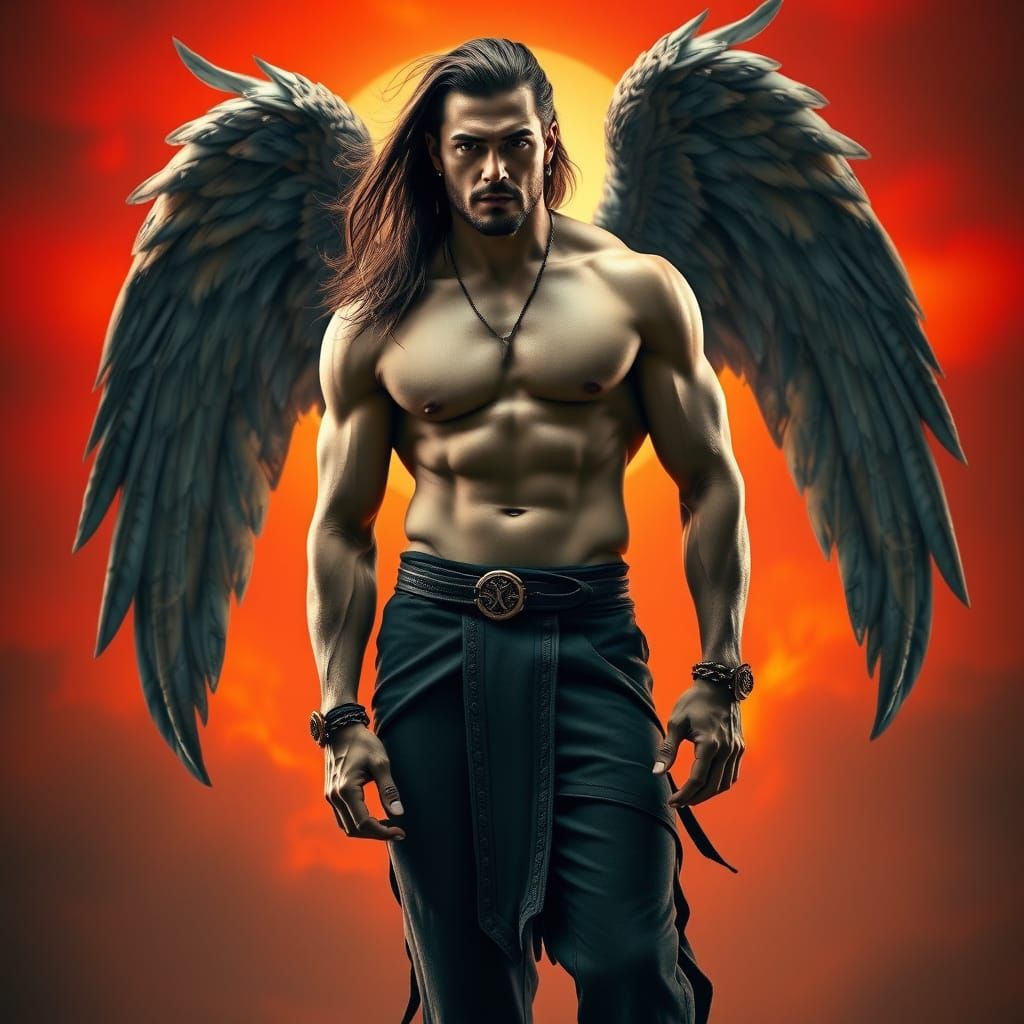 Strong Hero Emerges from Fiery Sunset