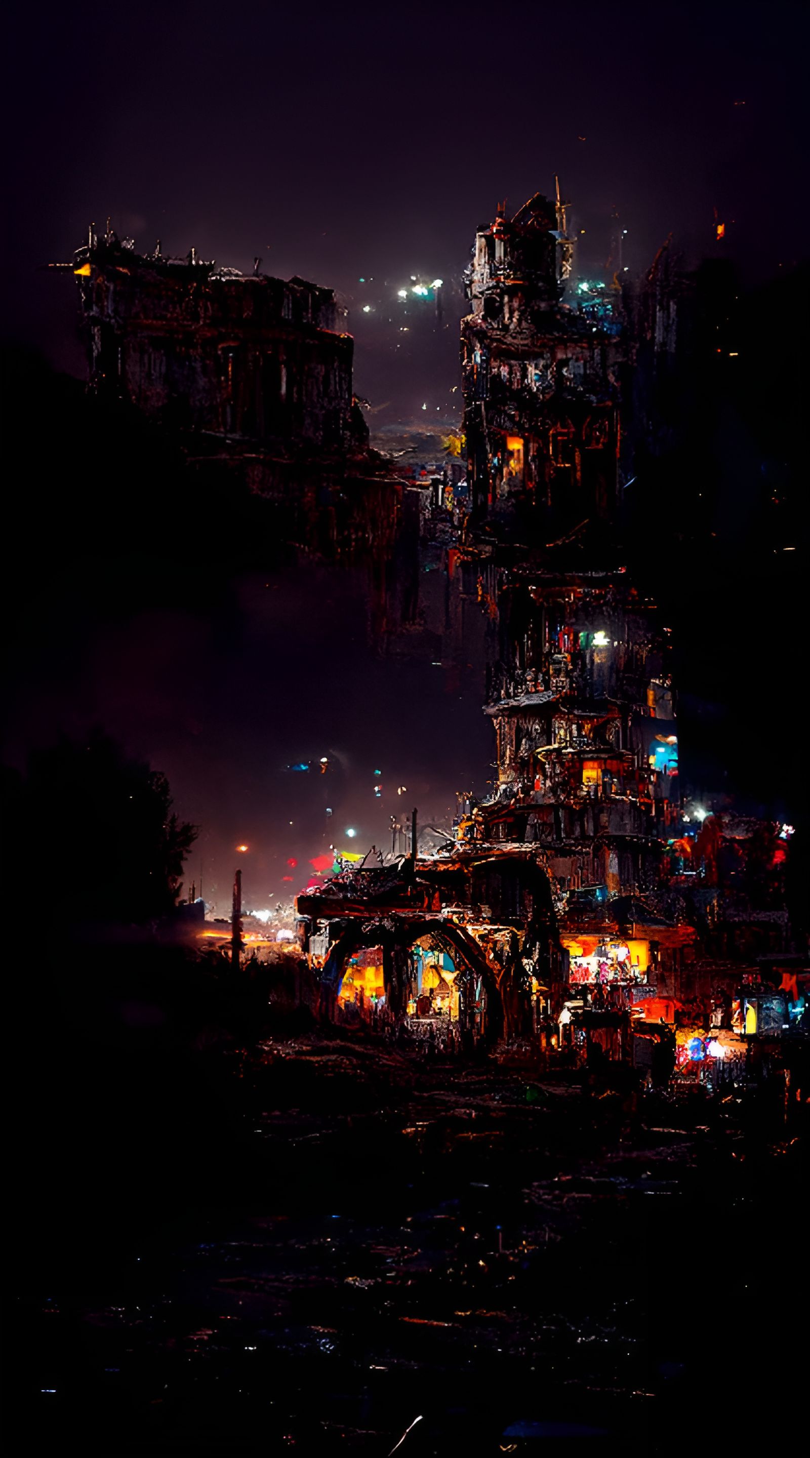 Post-Apocalyptic Night Settlement in Dystopian Art Style