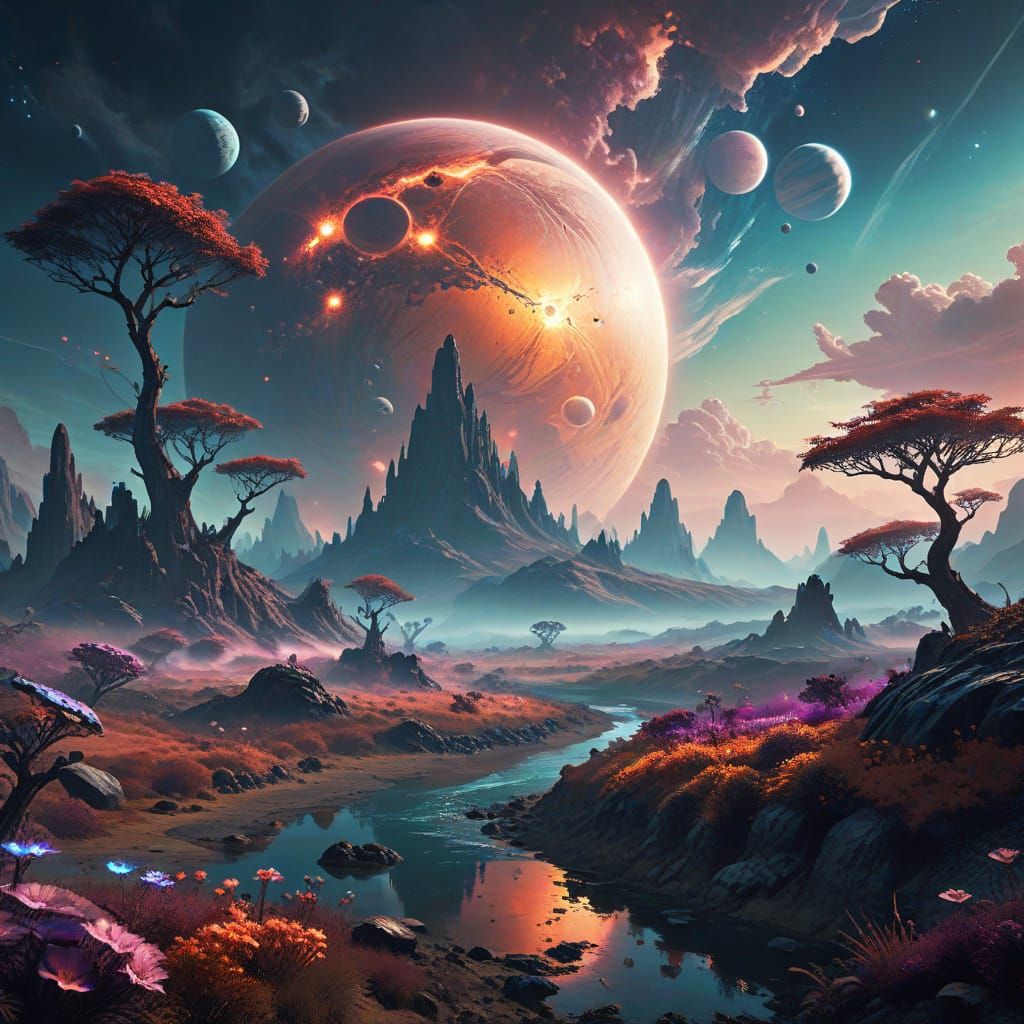 Surreal Alien Landscape with Glowing Flora