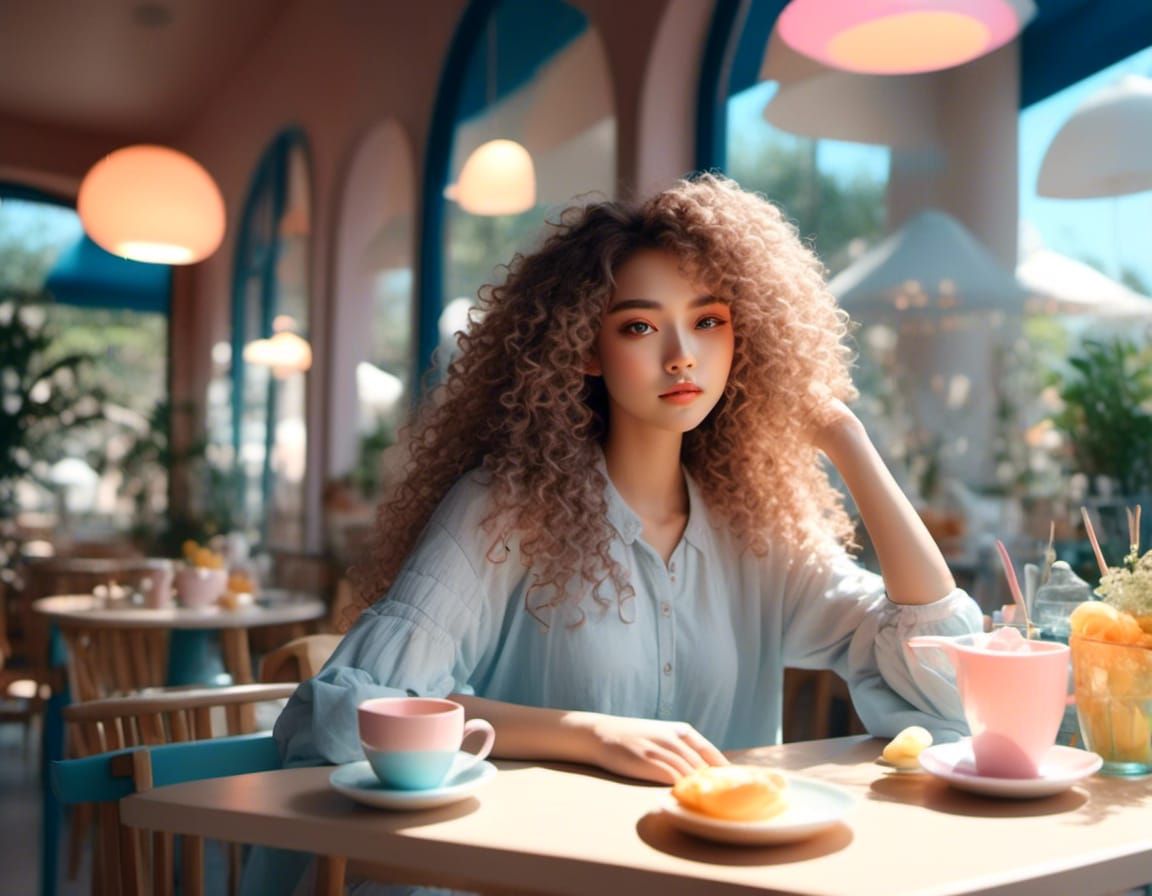 Pastel Anime Woman in Cafe: 3D Digital Art