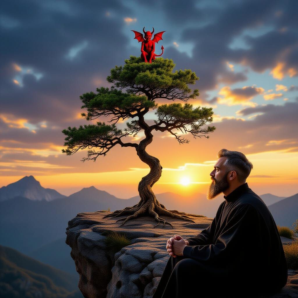 Man Contemplates Devil at Sunset