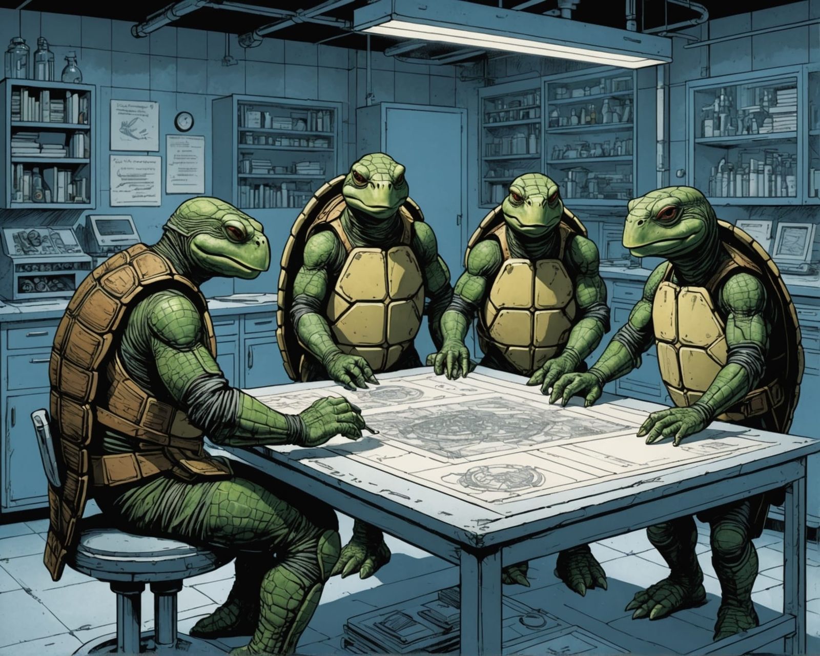 Anthropomorphic Turtles Stealing Blueprint in Laboratory
