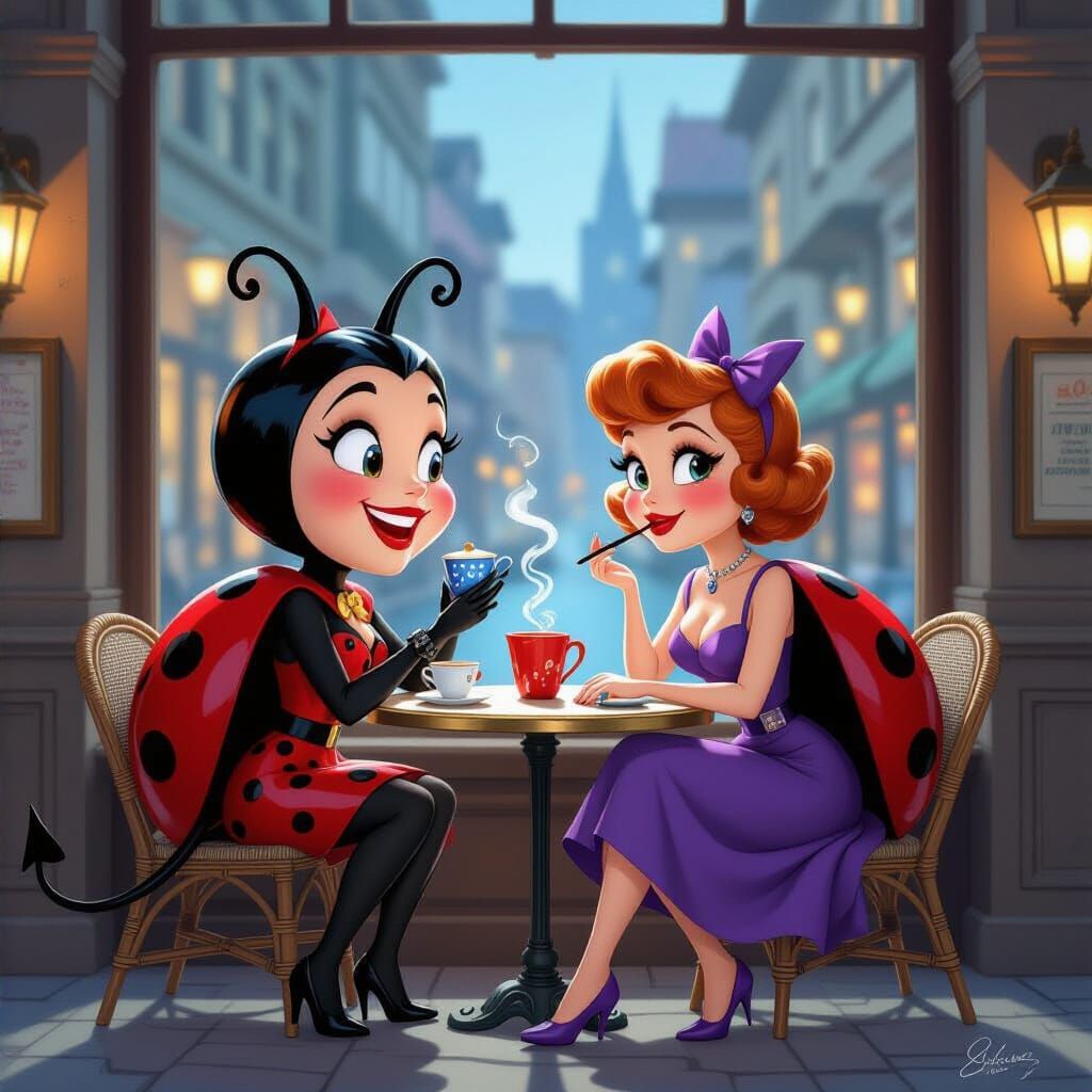 Whimsical Ladybird and Devil in Dynamic Theater Scene